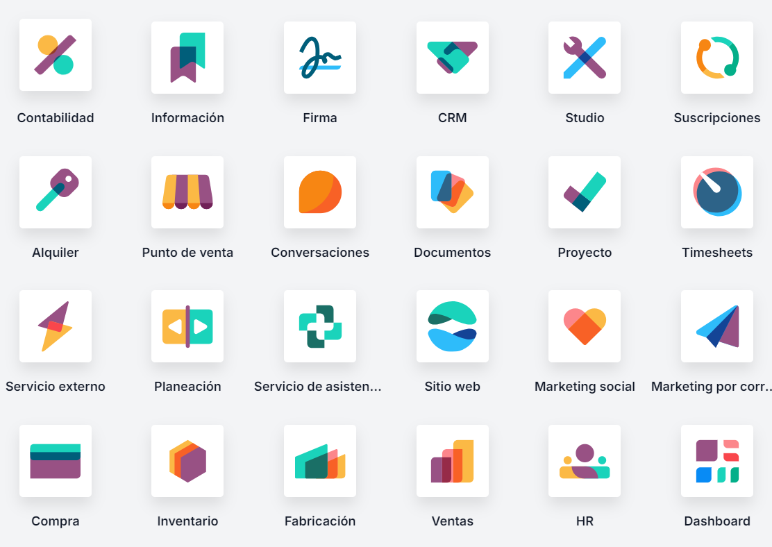 Módulos de Odoo: CRM, Ventas, Inventario, Contabilidad, Manufactura y RRHH