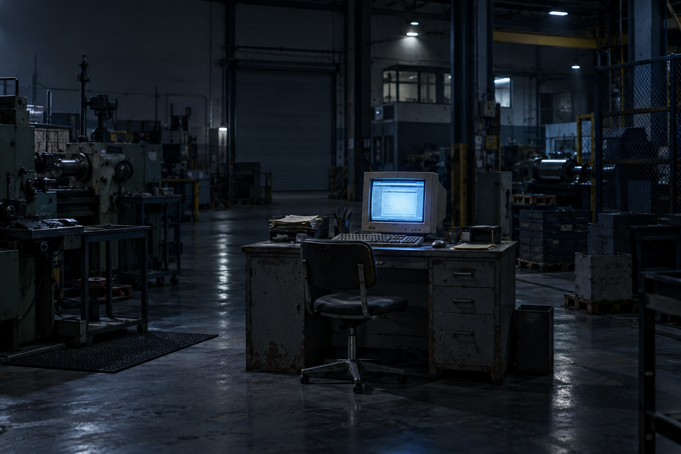 Estación de trabajo antigua encendida de noche en una nave industrial mexicana