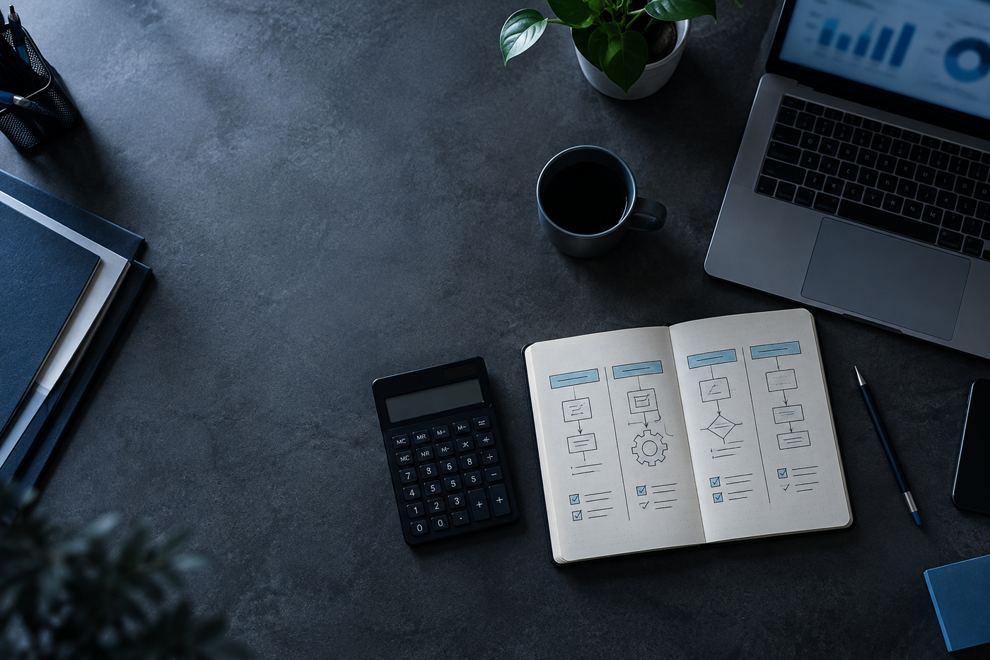 Libreta con un diagrama de fases y una calculadora sobre el escritorio de un director de sistemas