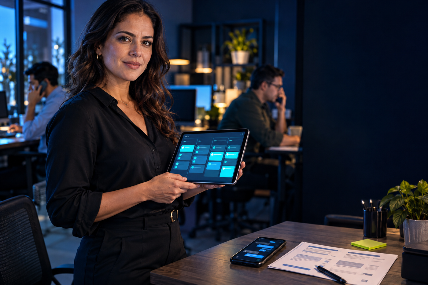 Gerente comercial de una PyME mexicana revisando el embudo de ventas de su equipo en un CRM desde una tableta, con el teléfono con WhatsApp al lado