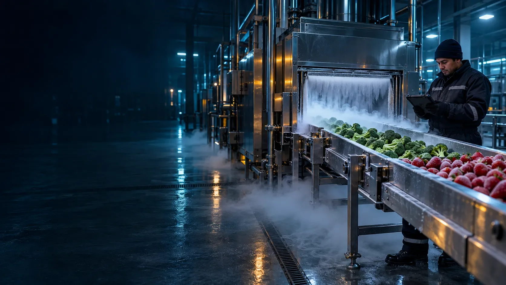 Planta procesadora de hortalizas congeladas en Irapuato durante el turno nocturno